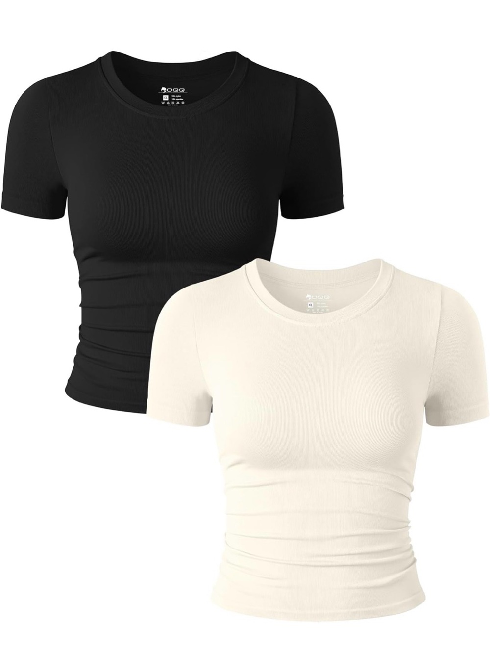 OQQ Black and Cream Short Sleeve Ruched Fitted Crewneck Top shapewear layering